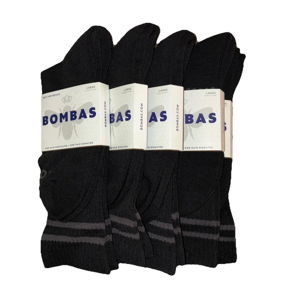BOMBAS Socks Men's L (US 9.5-13) Black Gray Stripe Calf Logo NEW Lot Of 5
